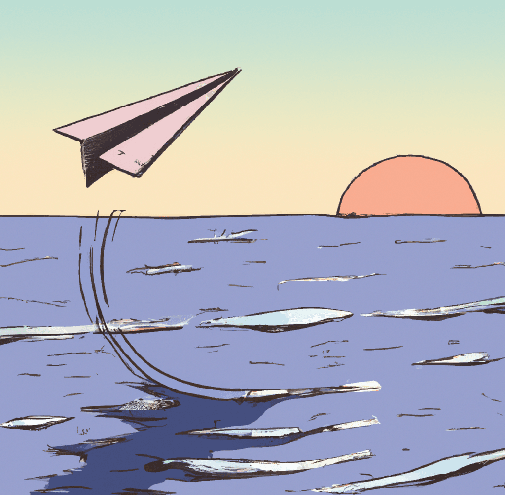 A hand-drawn paperplane circled by mails on the sea at sunrise - By DALL E